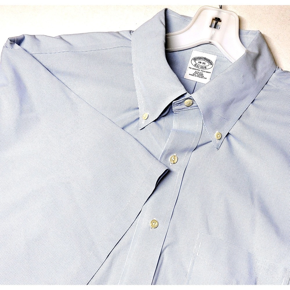 Brooks Brothers Polo Shirt Mens 18-35 Blue Slim Fit Non-Iron Cotton Short Sleeve